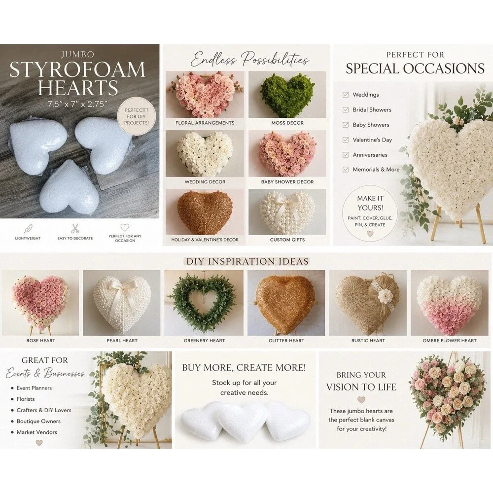 3 Pack White Polystyrene Foam Hearts Crafting DIY Crafts Decorative 7.5x7x2.75in